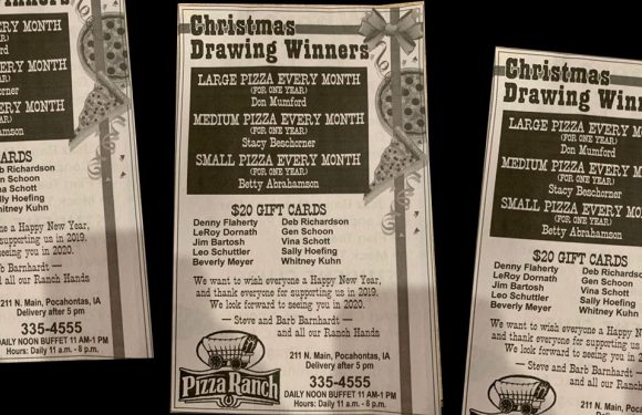 Newspaper Announcement of Pizza and Gift Card Winners in Pocahontas