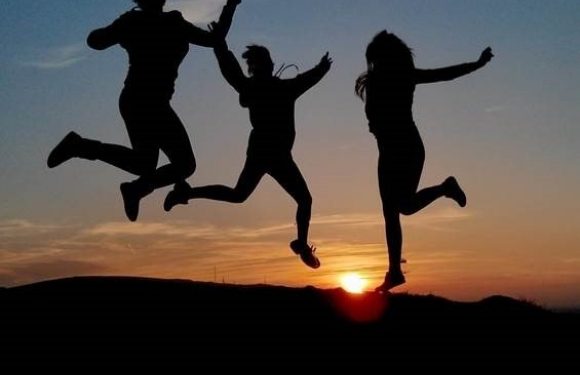 Silhouette of people jumping in front of a sunset