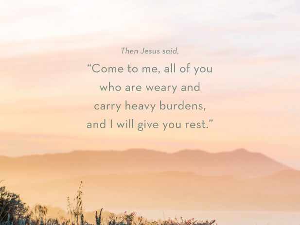 Foggy field with Matthew 11:28 bible verse overlaid